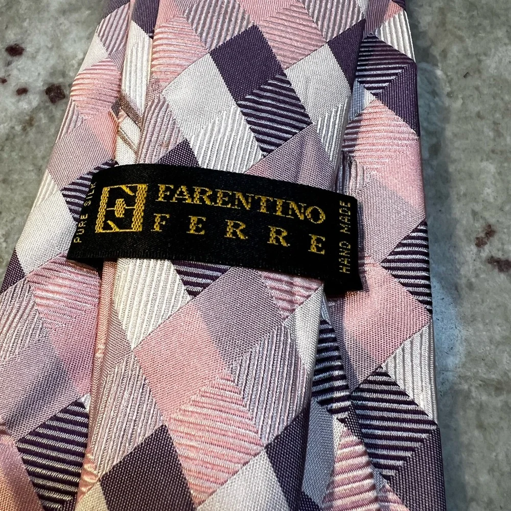 Farentino Ferre Pure Silk Tie‎ Pink Purple Silver Geometric Checkered Handmade